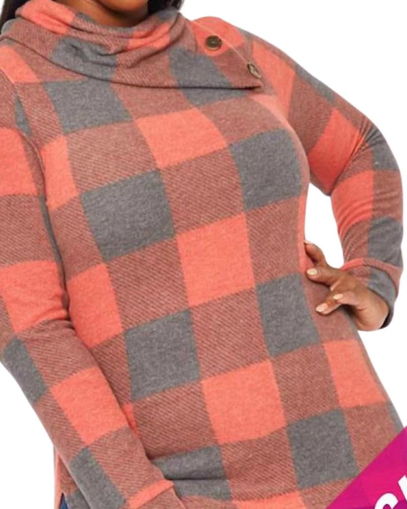 Front of a model wearing a size 3XL Split Cowl Neck Top in Red And Grey in Red And Grey by CY Fashion. | dia_product_style_image_id:340466